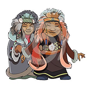 Cartoon man with a woman of the Far North in the national fur clothes