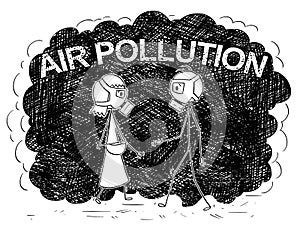 Cartoon of Man and Woman With Gas Masks Walking in Smog or Polluted Air