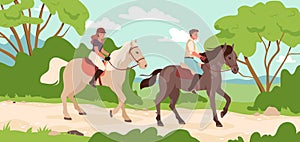 Cartoon man and woman in jockey outfit sitting on backs of running horses, horseriding lesson or walk of young