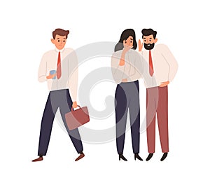 Cartoon man and woman office worker gossiping about colleague vector flat illustration. Male and female talking and