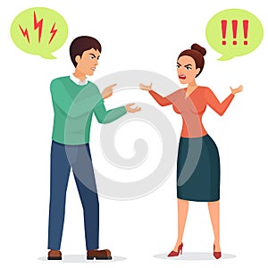 Cartoon Man and woman quarreling. Angry couple quarrel vector flat illustration.