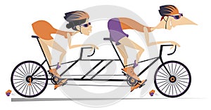 Cartoon man and woman rides a tandem bike isolated