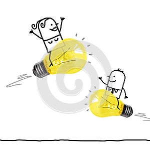 Cartoon Man and Woman Riding on Light Bulbs Rockets