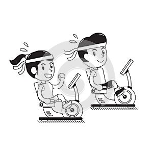 Cartoon a man and a woman riding recumbent exercise bikes