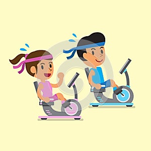 Cartoon a man and a woman riding recumbent exercise bikes