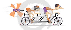 Cartoon man and woman riding on tandem bike with propeller