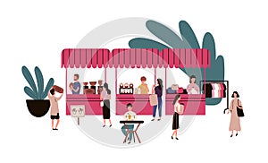 Cartoon man and woman spending time at outdoors market vector flat illustration. Crowd of people looking, buying goods