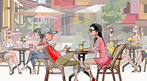 Cartoon man and woman talking sitting in a crowded cafe