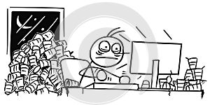 Cartoon of Man Working on Computer Overnight and Drinkig Coffee photo