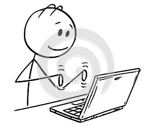 Cartoon of Man Working and Typing on Laptop Computer