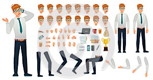 Cartoon manager character kit. Office managers creation constructor, different body views, face emotions and gestures