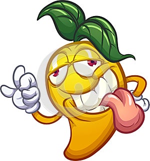 Cartoon mango character with sleepy eyes making the okay hand sign