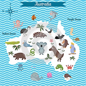 Cartoon map of Australia continent with different animals.