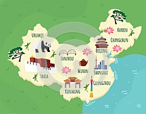 Cartoon map of China. Travel illustration with chineese landmarks, buildings, food and plants. Funny tourist