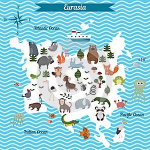 Cartoon map of Eurasia continent with different animals.