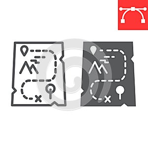 Cartoon map line and glyph icon, video games and treasure, adventure game sign vector graphics, editable stroke linear