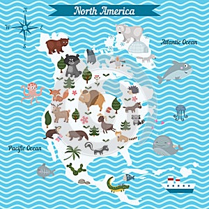 Cartoon map of North America continent with different animals.