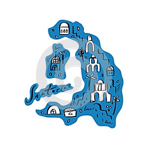 Cartoon map of Santorini vector illustration. Printable art for textile, souvenirs, picture for website, presentation and more.