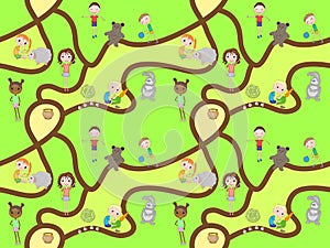 Cartoon map seamless pattern with roads and kids. Vector seamless pattern - playing children.