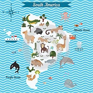 Cartoon map of South America continent with different animals.