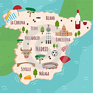 Cartoon map of Spain. Travel illustration with spanish landmarks, buildings, food and plants. Funny tourist infographics