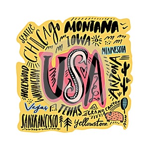 Cartoon map of USA vector illustration. Printable art for textile, souvenirs, picture for website, presentation and more. Explore