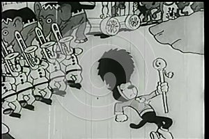 Cartoon of marching band lead by baton twirler