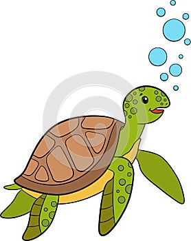 Cartoon marine animals. Cute sea turtle swims underwater and smiles