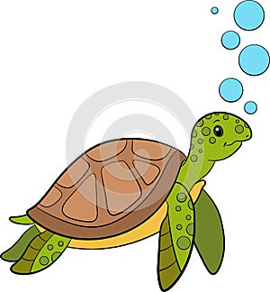 Cartoon marine animals. Cute smiling sea turtle swims underwater with bubbles