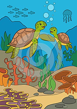 Cartoon marine animals. Mother sea turtle swims with her little cute baby turtle and smile. They are underwater