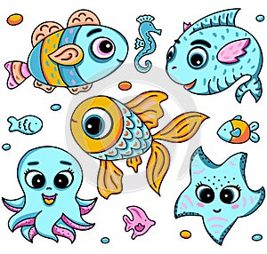 Cartoon marine life collection, vector illustration with fish, octopus, starfish with big eyes