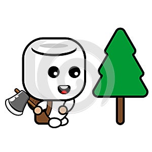 Cartoon marshmallow mascot cutting down a tree