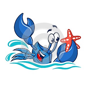 Cartoon mascot blue crab caught starfish.