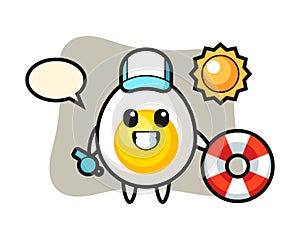 Cartoon mascot of boiled egg as a beach guard