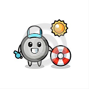 Cartoon mascot of button cell as a beach guard