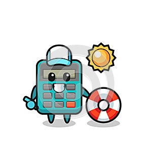 Cartoon mascot of calculator as a beach guard