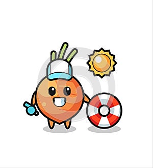 Cartoon mascot of carrot as a beach guard