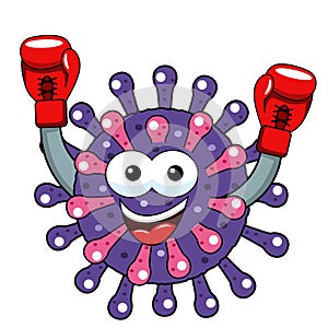 Cartoon mascot character virus or bacterium boxer boxing gloves exulting isolated vector illustration