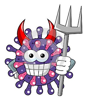 Cartoon mascot character virus or bacterium devil hlding trident weapon isolated vector illustration