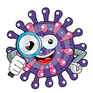 Cartoon mascot character virus or bacterium investigating magnifying glass lens isolated vector illustration