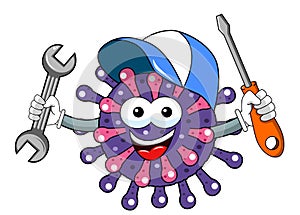 Cartoon mascot character virus or bacterium screwdriver wrench tool to fix isolated vector illustration