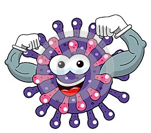 Cartoon mascot character virus or bacterium showing muscles biceps strenght solated vector illustration