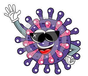 Cartoon mascot character virus or bacterium wearing sunglasses vey cool and fashionable isolated vector illustration