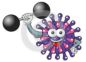 Cartoon mascot character virus or bacterium weightlifter powerful strenght isolated vector illustration