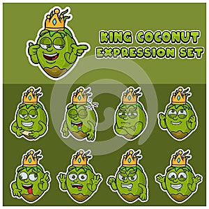 Cartoon Mascot Of Coconut Fuit Character with king and expression set