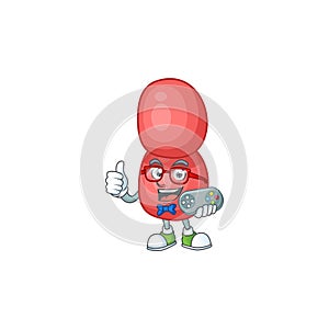 Cartoon mascot design of neisseria gonorrhoeae play a game with controller