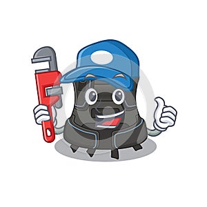 Cartoon mascot design of scuba buoyancy compensator as a Plumber with tool photo