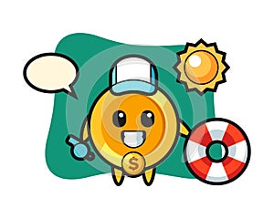 Cartoon mascot of dollar coin as a beach guard