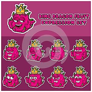 Cartoon Mascot Of Dragon Fuit Character with king and expression set