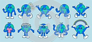 Cartoon mascot earth. Retro 70s comic character earth, walking vintage cute planet, happy globe with heart and flowers